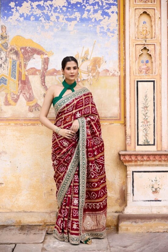 Gota Patti Maroon Bandhni Saree
