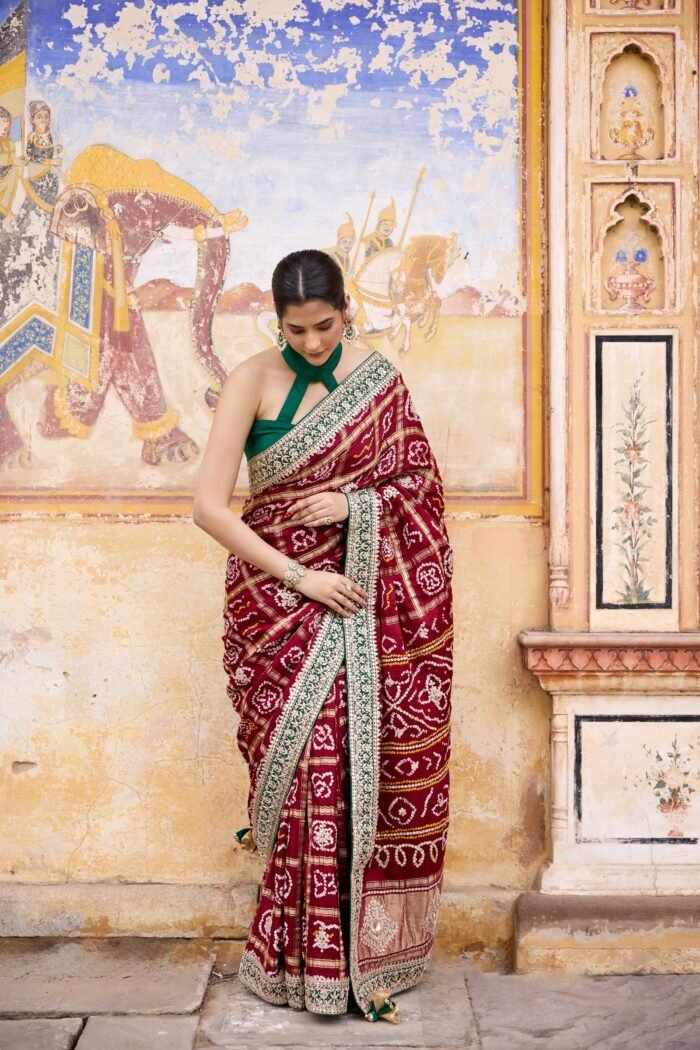 Gota Patti Maroon Bandhni Saree