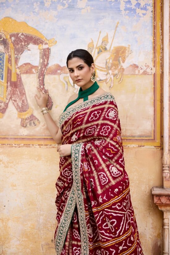 Gota Patti Maroon Bandhni Saree