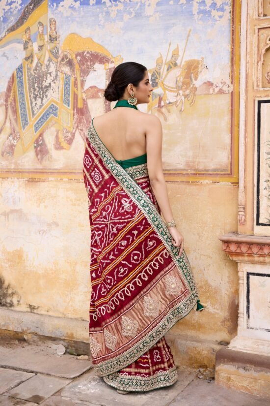 Gota Patti Maroon Bandhni Saree