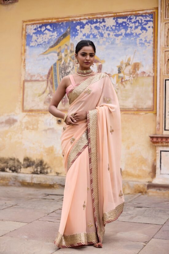 Gota Patti Peach Georgette Saree