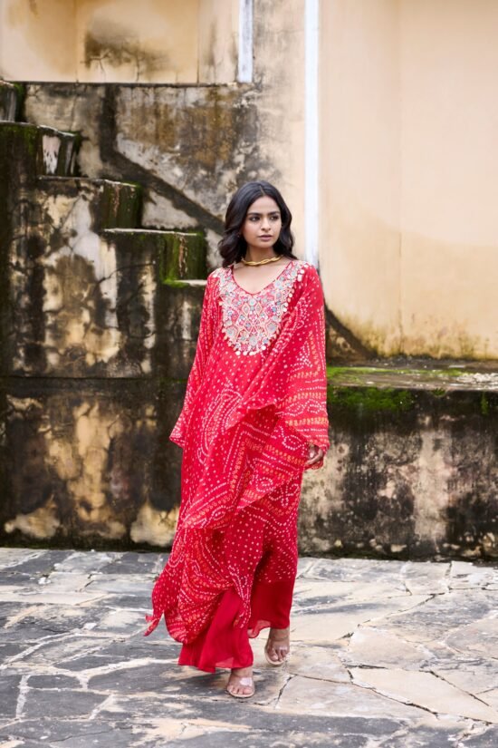 Crimson Bandhni Kaftaan Set