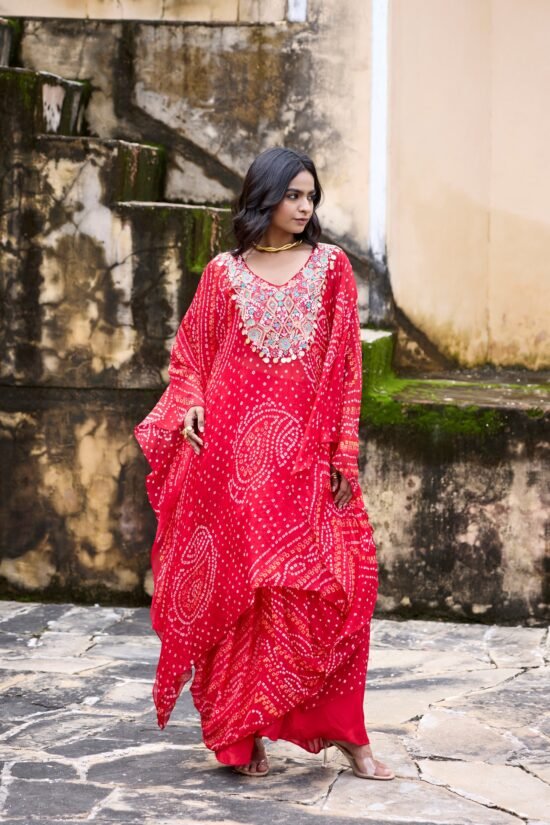 Crimson Bandhni Kaftaan Set