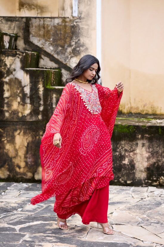 Crimson Bandhni Kaftaan Set