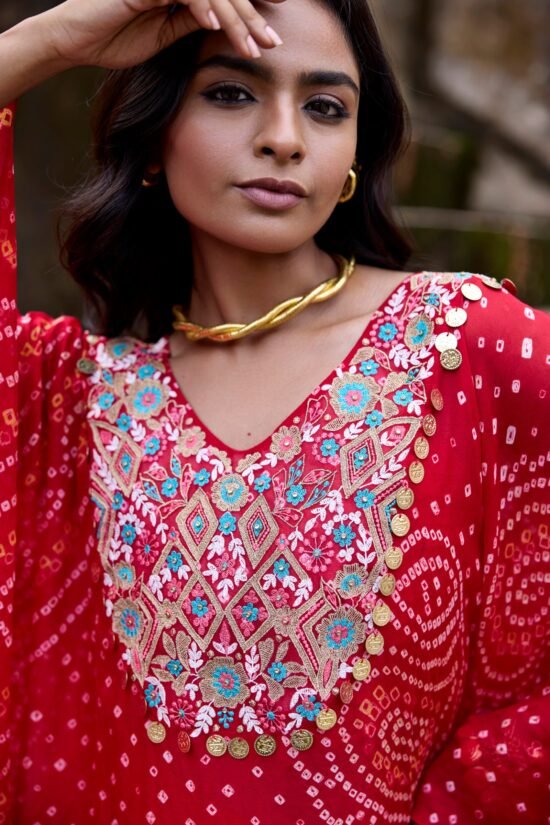 Crimson Bandhni Kaftaan Set