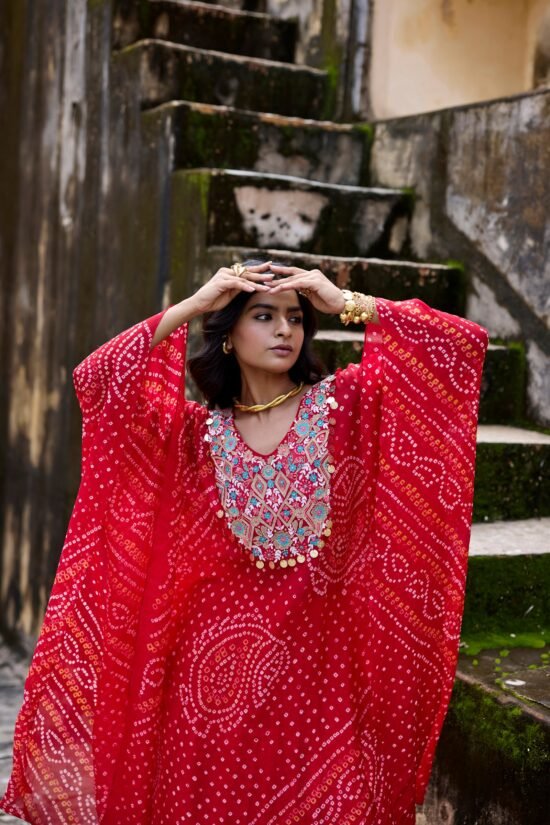 Crimson Bandhni Kaftaan Set