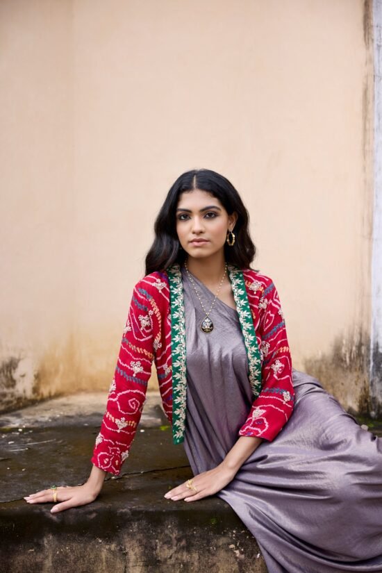 Red Bandhni Jacket with Dress Set