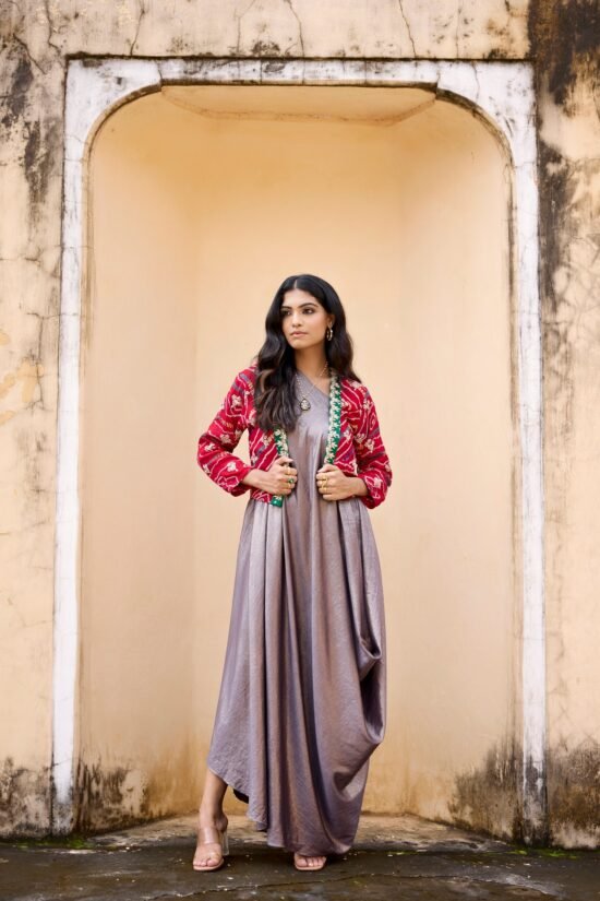 Red Bandhni Jacket with Dress Set