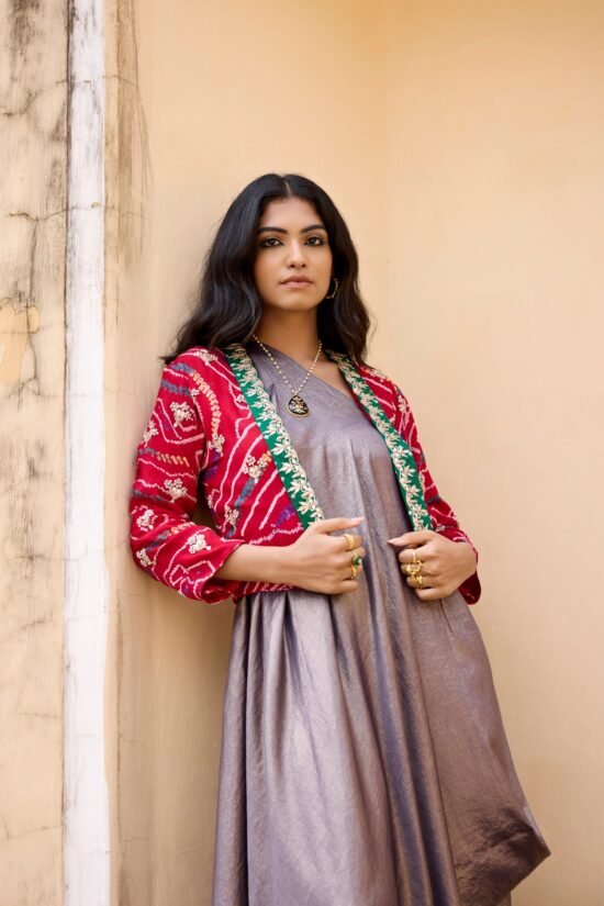 Red Bandhni Jacket with Dress Set