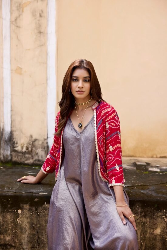 Red Bandhni Jacket with Jumpsuit Set