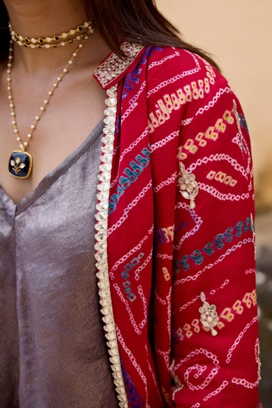 Red Bandhni Jacket with Jumpsuit Set