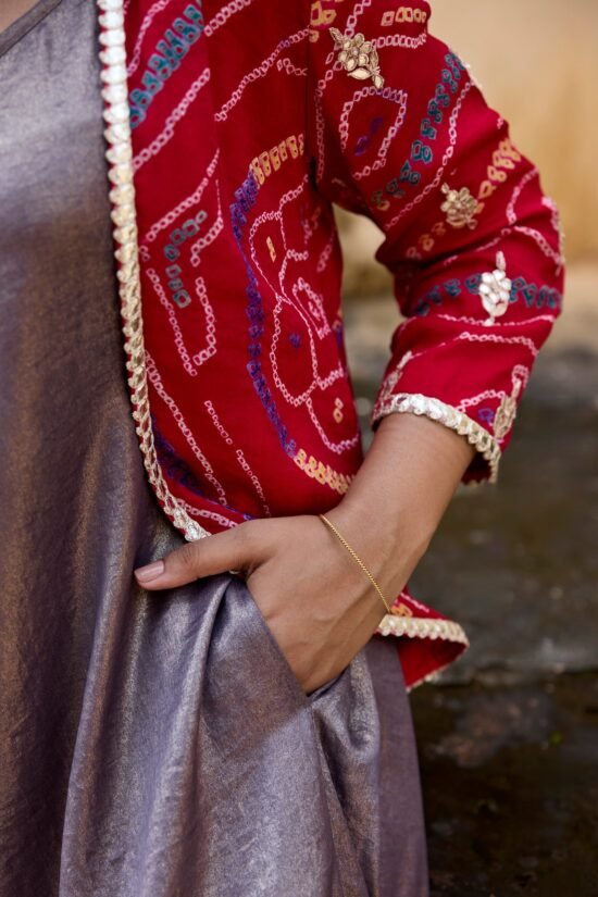 Red Bandhni Jacket with Jumpsuit Set