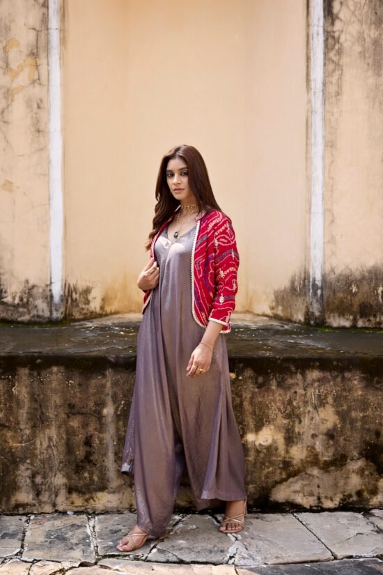 Red Bandhni Jacket with Jumpsuit Set