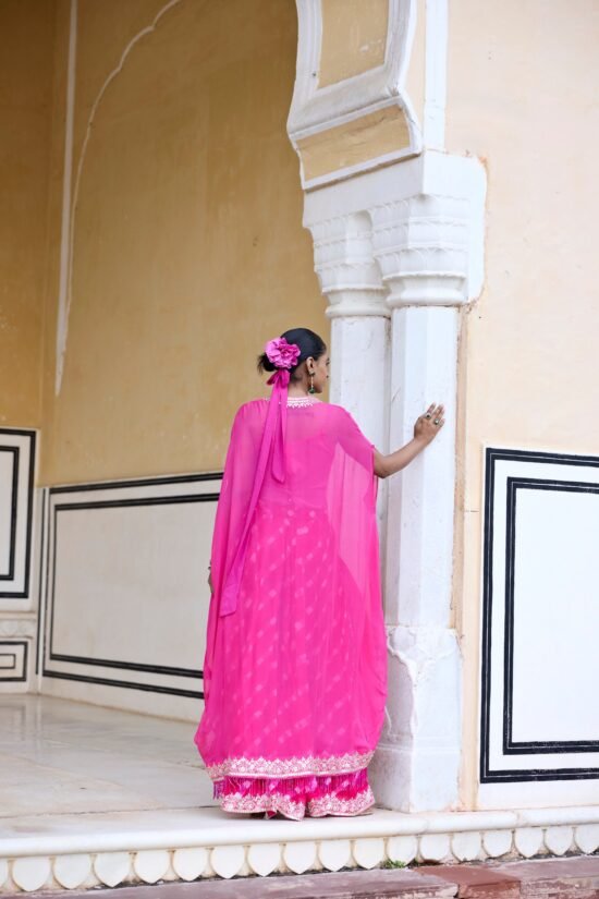 Pink Long Tasseled Cape Sharara Set