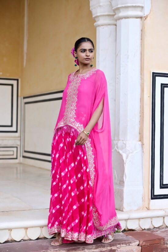 Pink Long Tasseled Cape Sharara Set