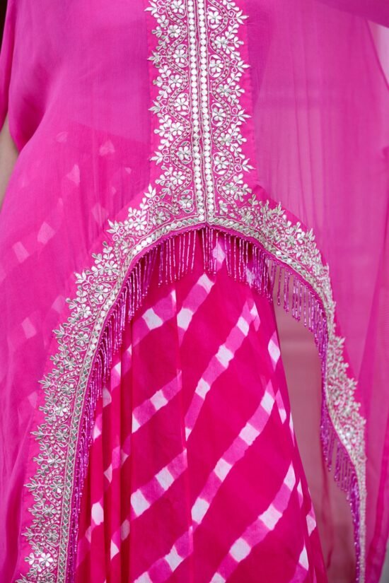 Pink Long Tasseled Cape Sharara Set