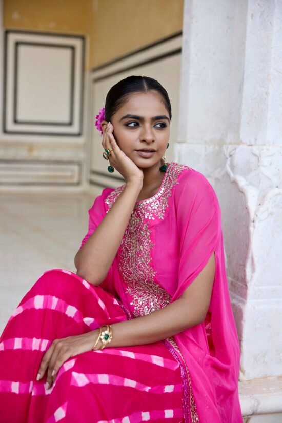 Pink Long Tasseled Cape Sharara Set