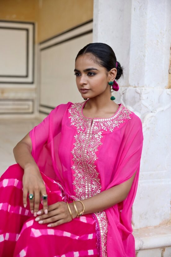 Pink Long Tasseled Cape Sharara Set