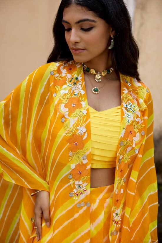 Yellow Leheriya Kaftaan Set