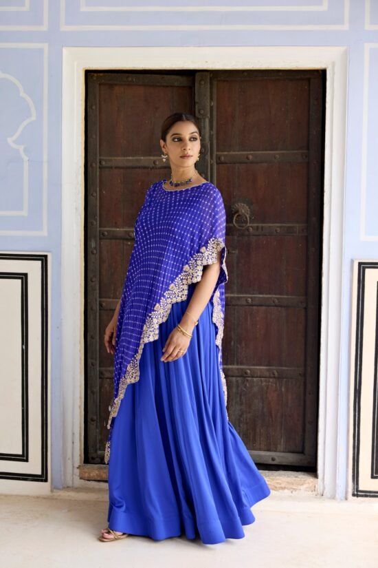 Royal Blue Mothda Cape with Sharara Set