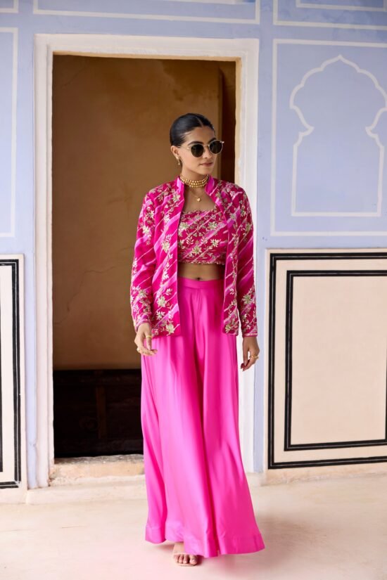 Magenta Leheriya Jacket with Sharara Set