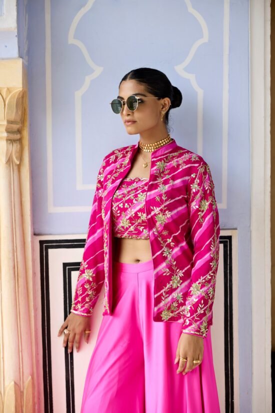 Magenta Leheriya Jacket with Sharara Set