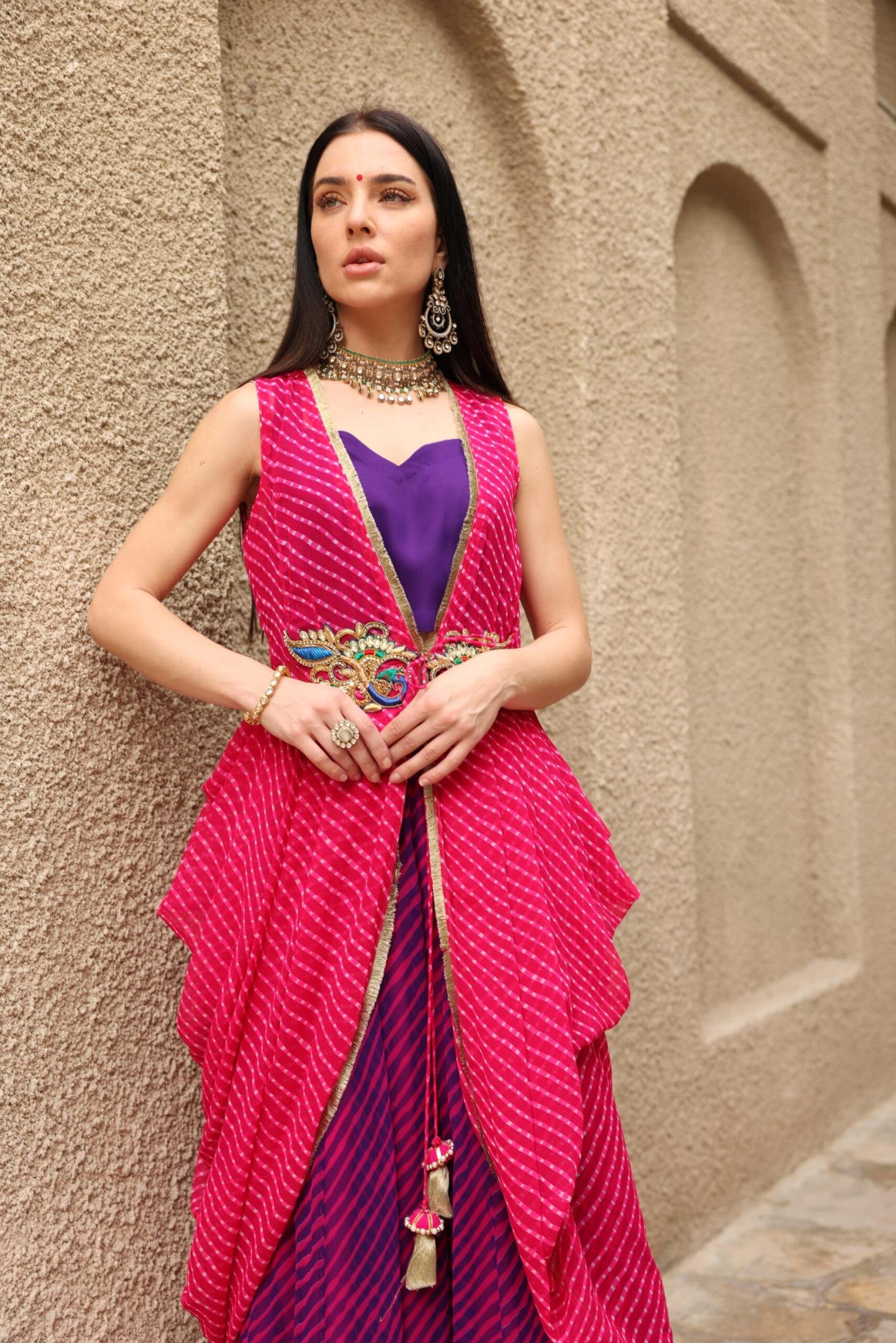 Pink Mothda Cape with Skirt Set