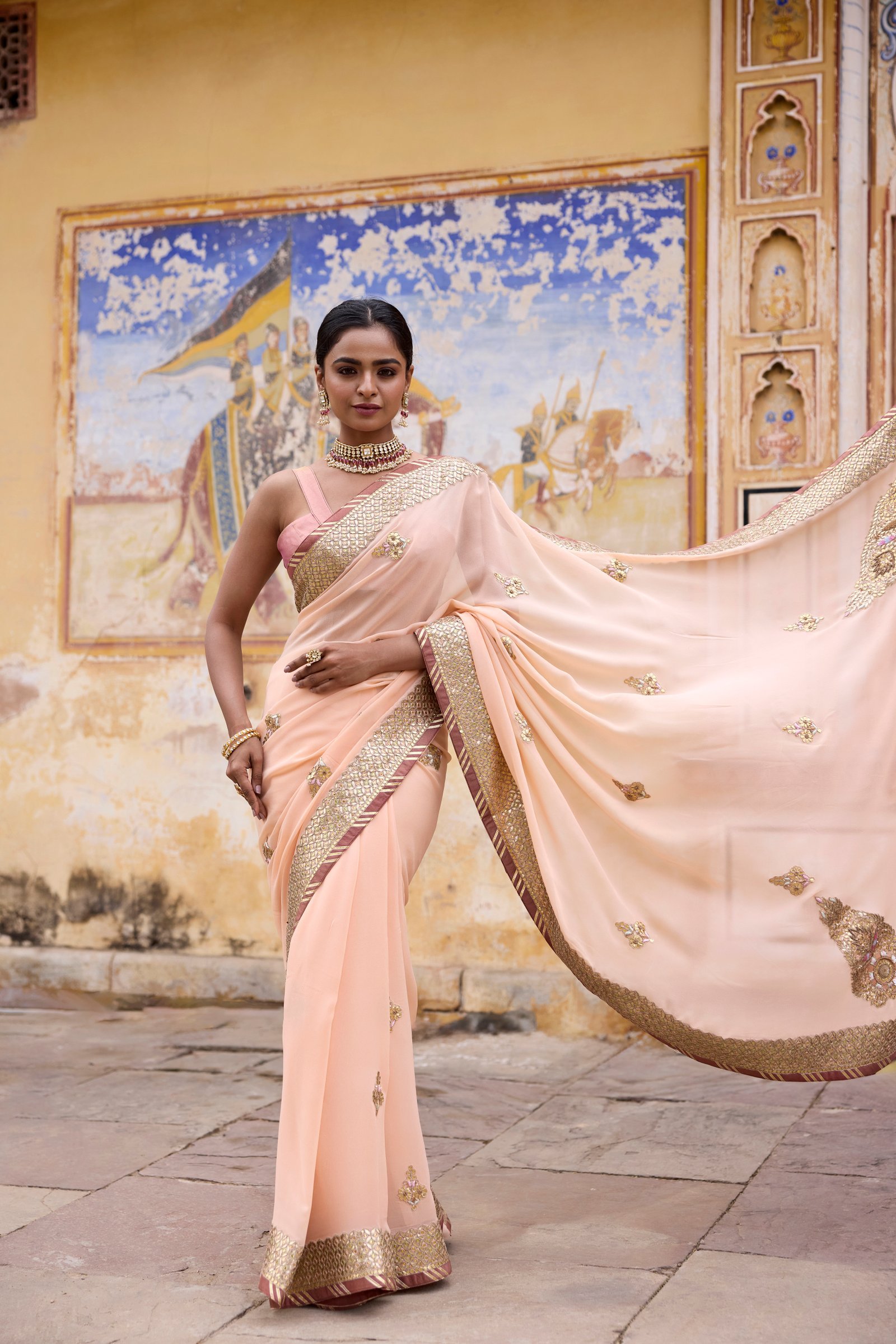 Gota Patti Peach Georgette Saree