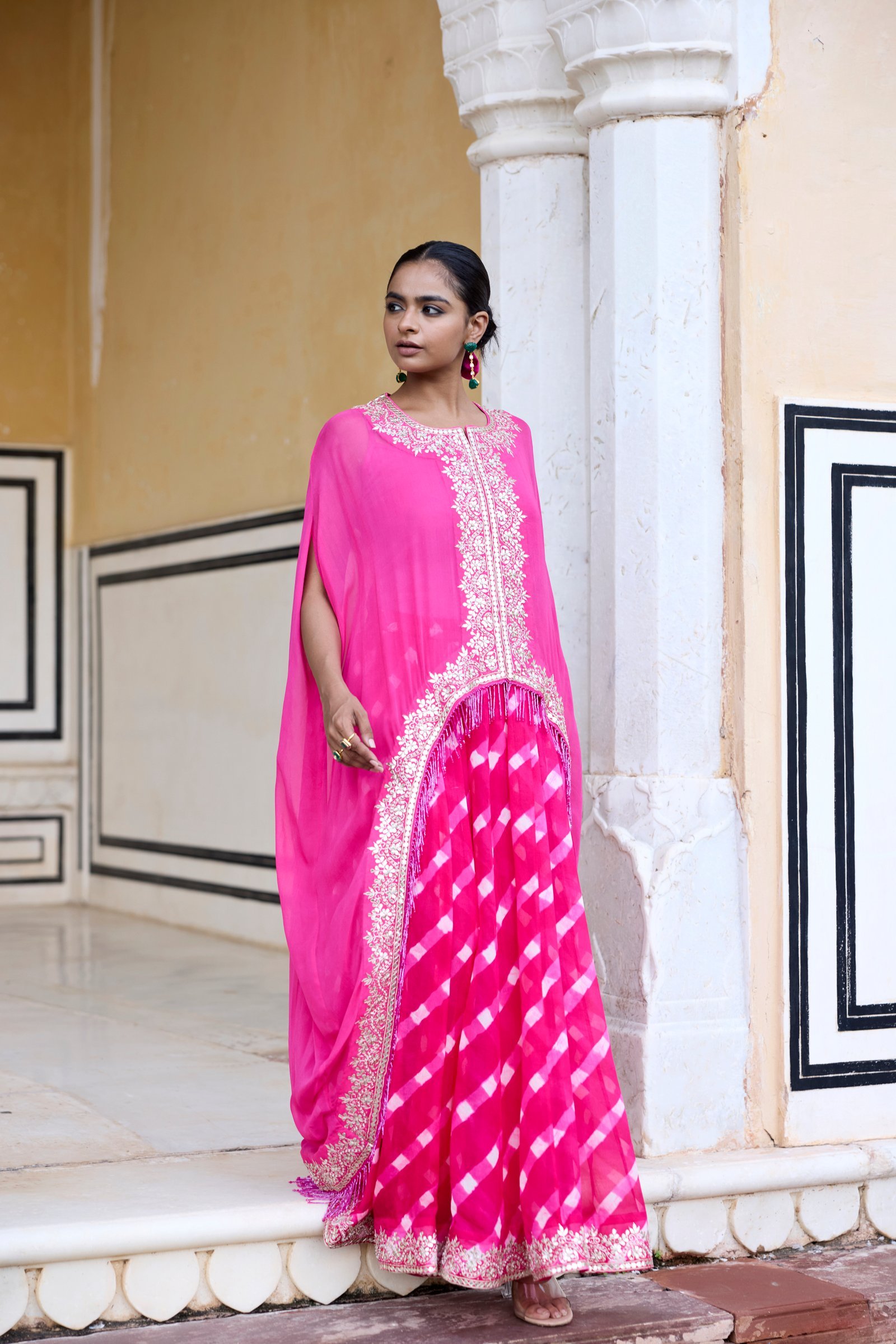 Pink Long Tasseled Cape Sharara Set