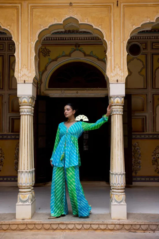 Aqua Blue & Lime Green Leheriya Peplum Tunic Set