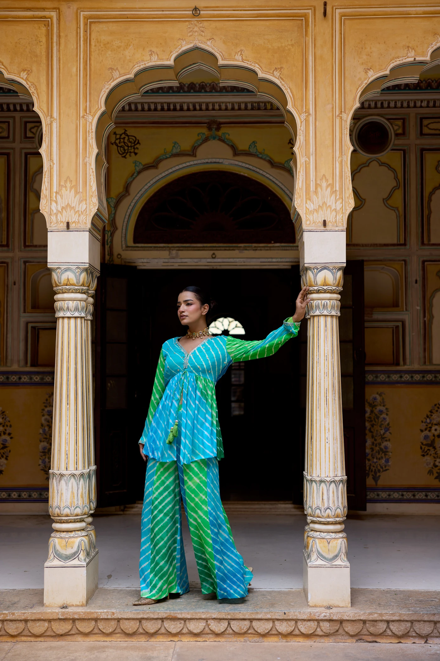 Aqua Blue & Lime Green Leheriya Peplum Tunic Set