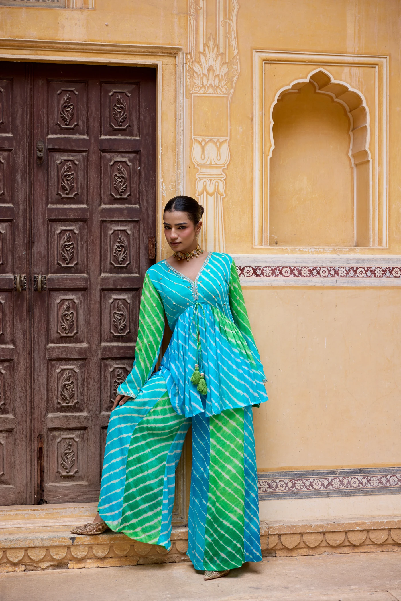 Aqua Blue & Lime Green Leheriya Peplum Tunic Set