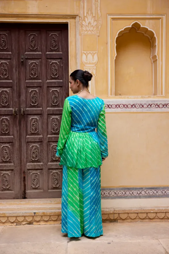 Aqua Blue & Lime Green Leheriya Peplum Tunic Set