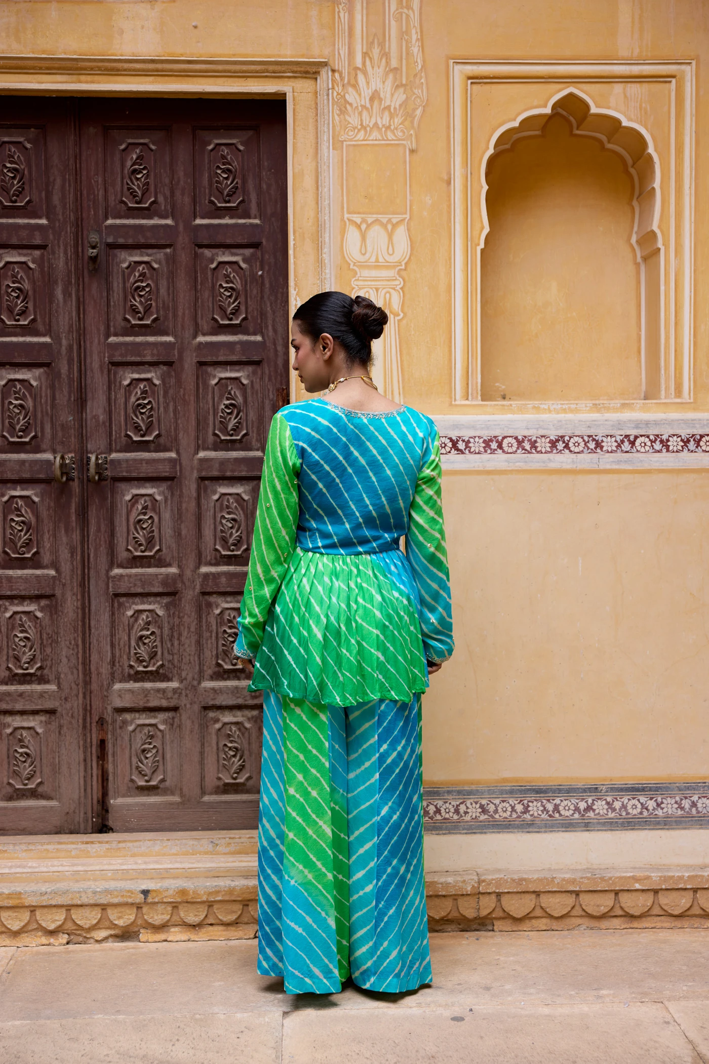 Aqua Blue & Lime Green Leheriya Peplum Tunic Set