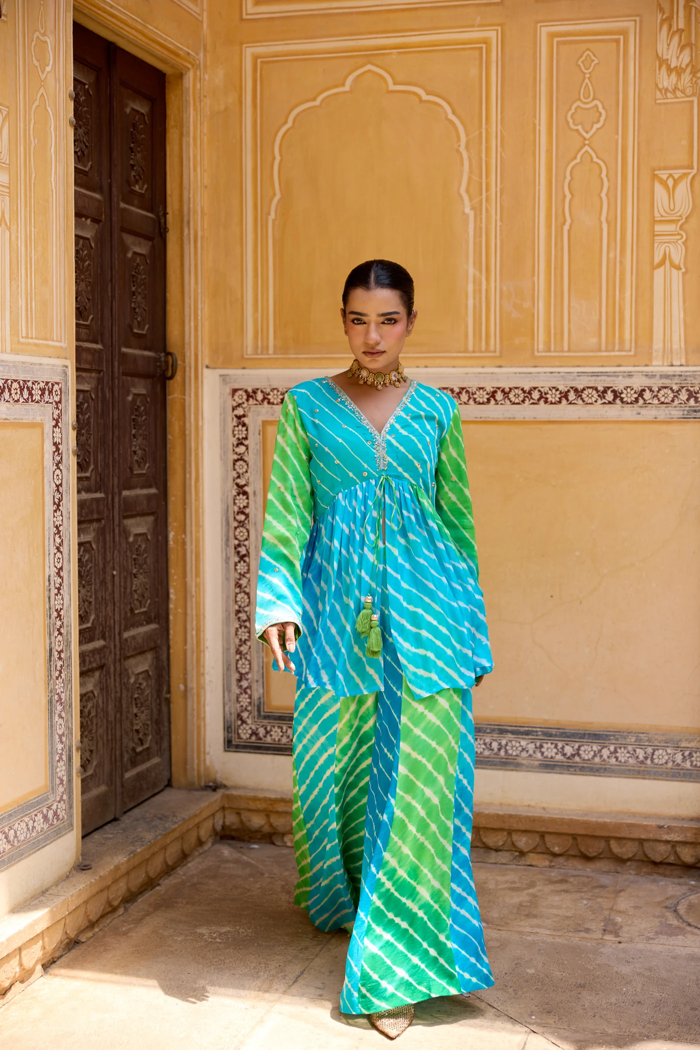 Aqua Blue & Lime Green Leheriya Peplum Tunic Set