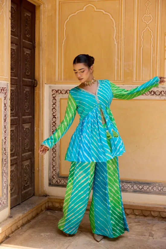 Aqua Blue & Lime Green Leheriya Peplum Tunic Set