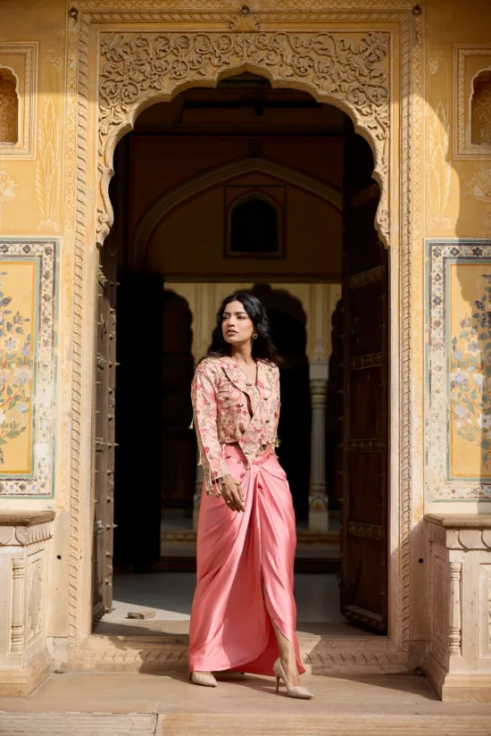 Blush Pink Tussar Silk Jacket & Dhoti Skirt Set