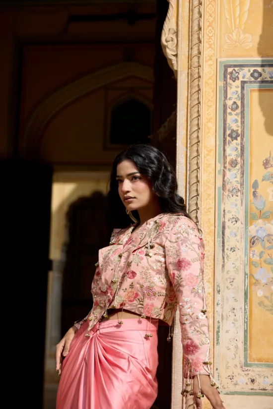 Blush Pink Tussar Silk Jacket & Dhoti Skirt Set