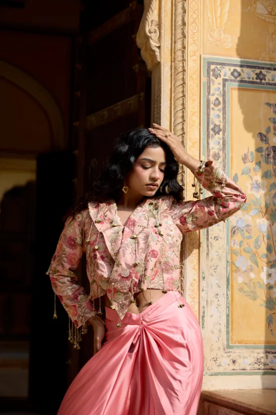 Blush Pink Tussar Silk Jacket & Dhoti Skirt Set