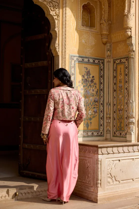 Blush Pink Tussar Silk Jacket & Dhoti Skirt Set