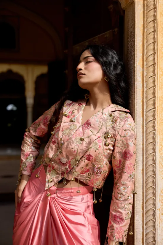 Blush Pink Tussar Silk Jacket & Dhoti Skirt Set