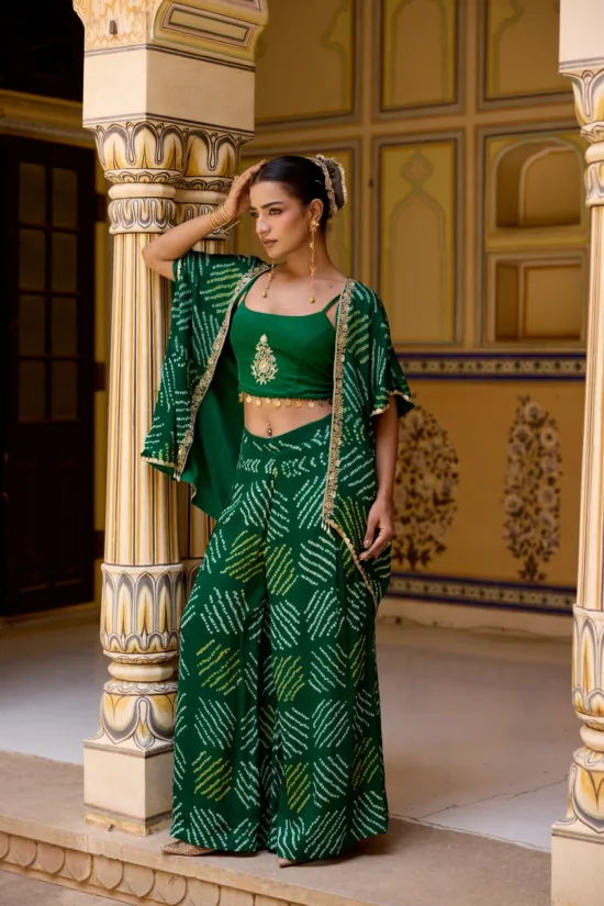 Emerald Green Georgette Bandhej Kimono Cape & Flared Pants Set