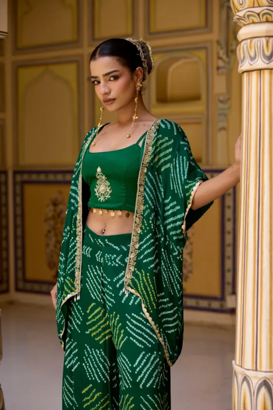 Emerald Green Georgette Bandhej Kimono Cape & Flared Pants Set