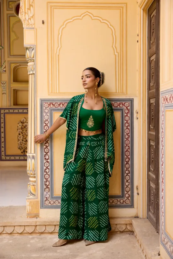 Emerald Green Georgette Bandhej Kimono Cape & Flared Pants Set