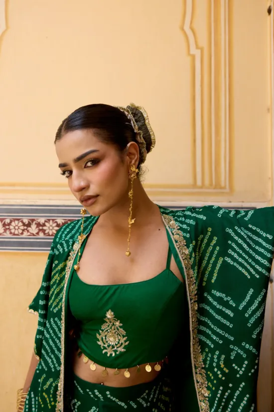 Emerald Green Georgette Bandhej Kimono Cape & Flared Pants Set
