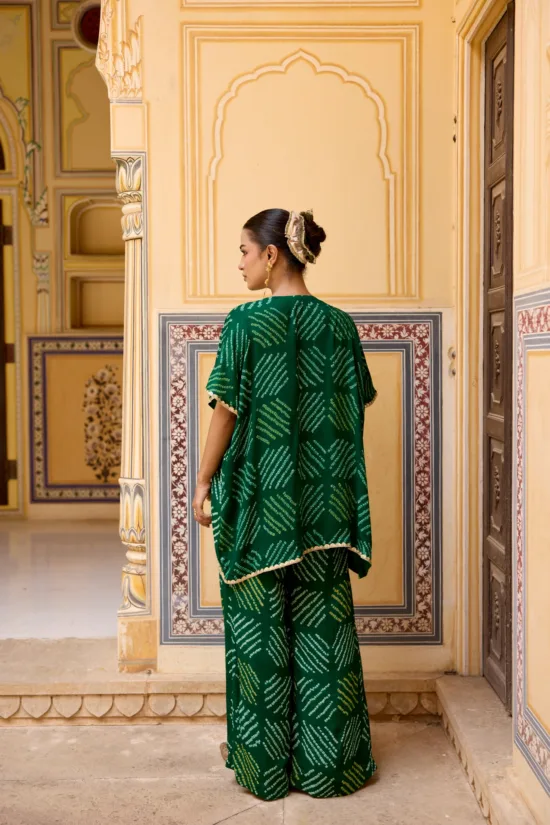 Emerald Green Georgette Bandhej Kimono Cape & Flared Pants Set