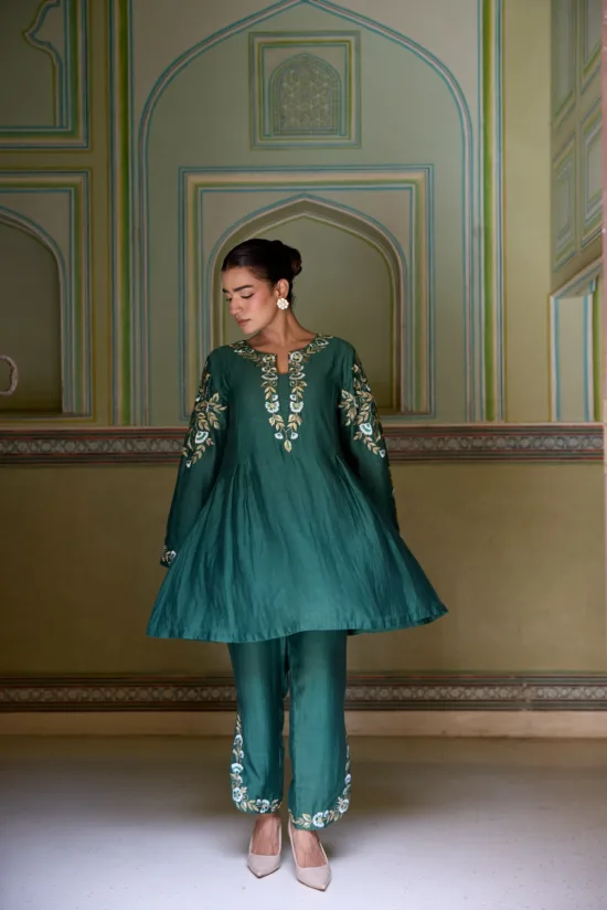 Emerald Green Pure Chanderi Flared Kurta Set