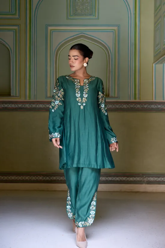 Emerald Green Pure Chanderi Flared Kurta Set