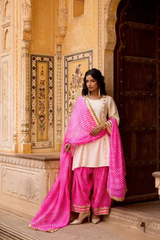 Off-White Chanderi Kali Kurta Set with Pink Leheriya Georgette salwar