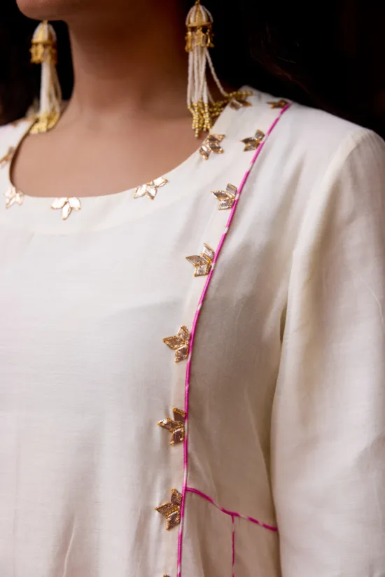 Off-White Chanderi Kali Kurta Set with Pink Leheriya Georgette salwar
